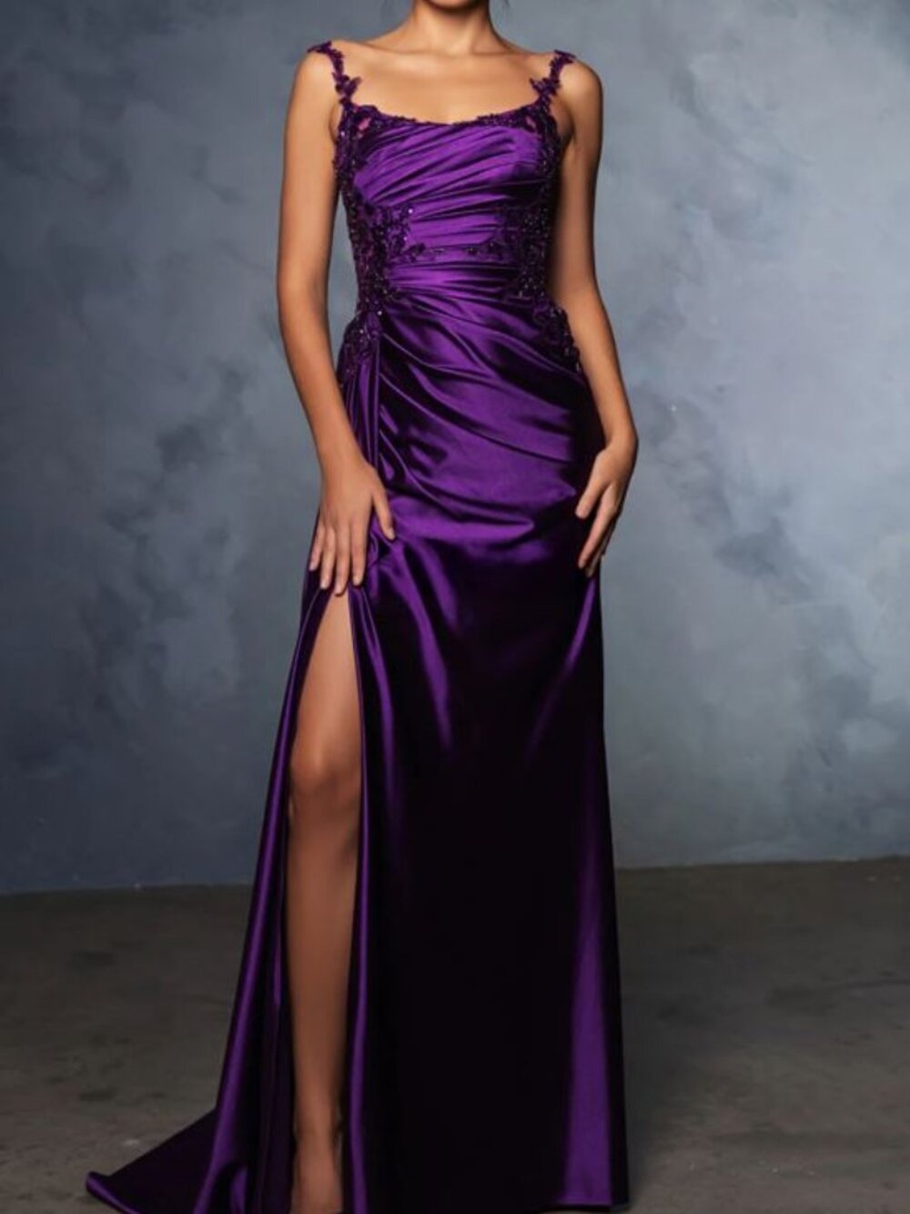 NWT May Queen MQ2145 Satin Prom Dress Eggplant Size 14 - Picture 1 of 6